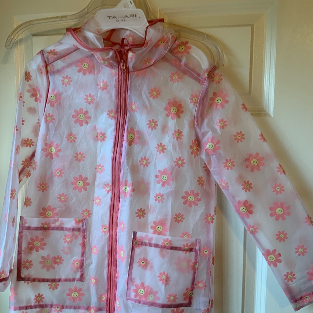 Rain Jacket sheer flowers worn once girls 7-12 for pictures